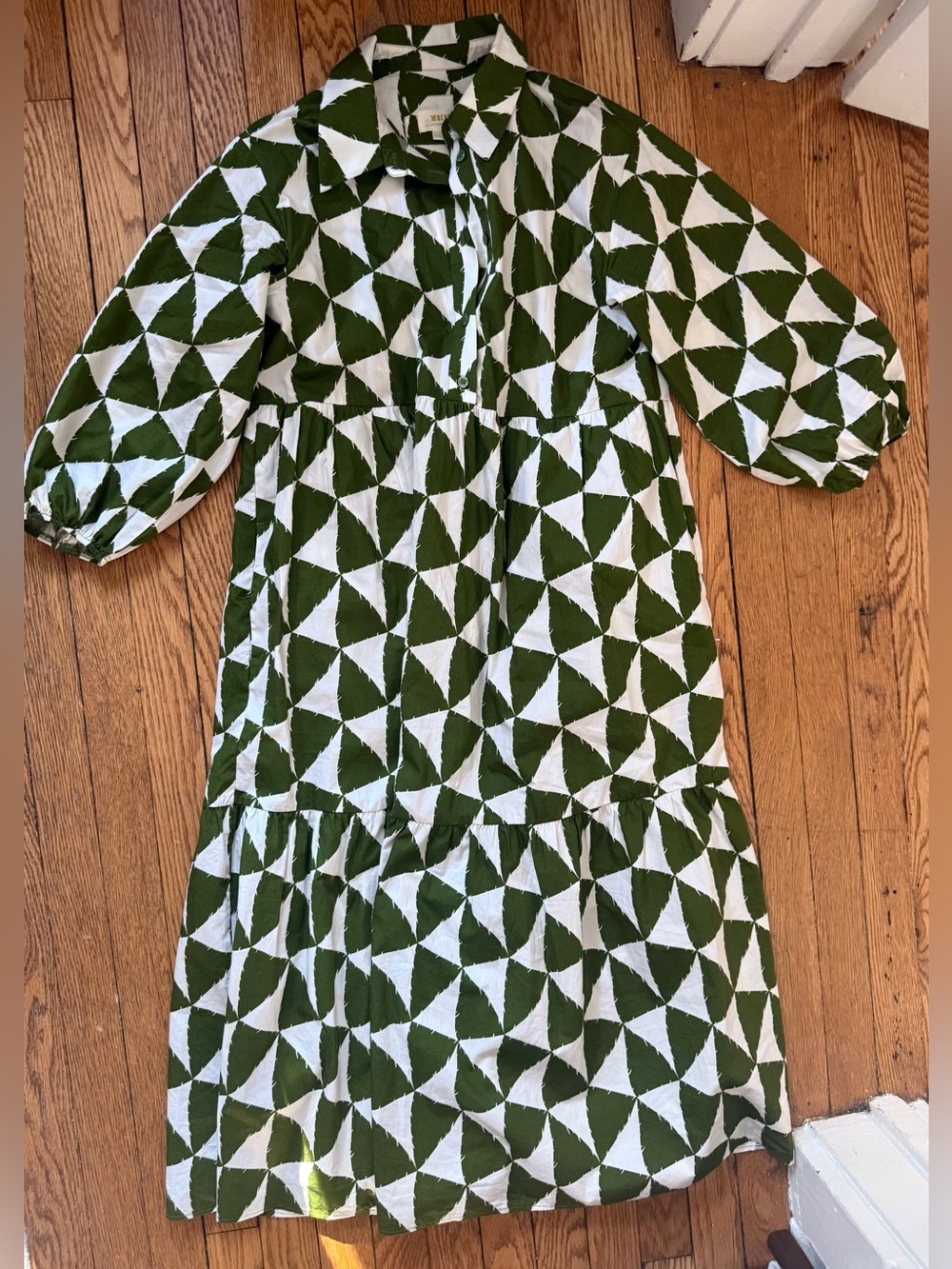 Anthropologie Maeve Green & White Geometric Bettina Maxi Dress - Size XS - NWT